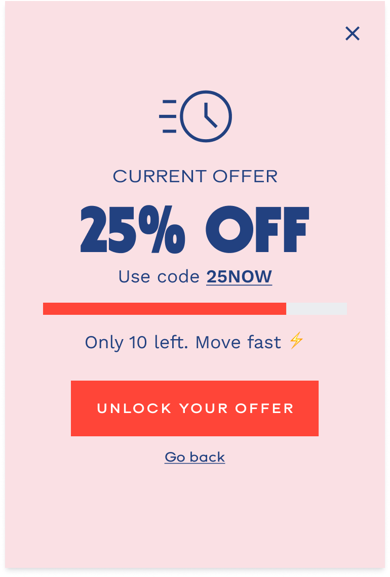 Example urgency popup on a pink background offering 25% off with code 25NOW and a live stock counter, powered by a Quikly campaign. campaign
