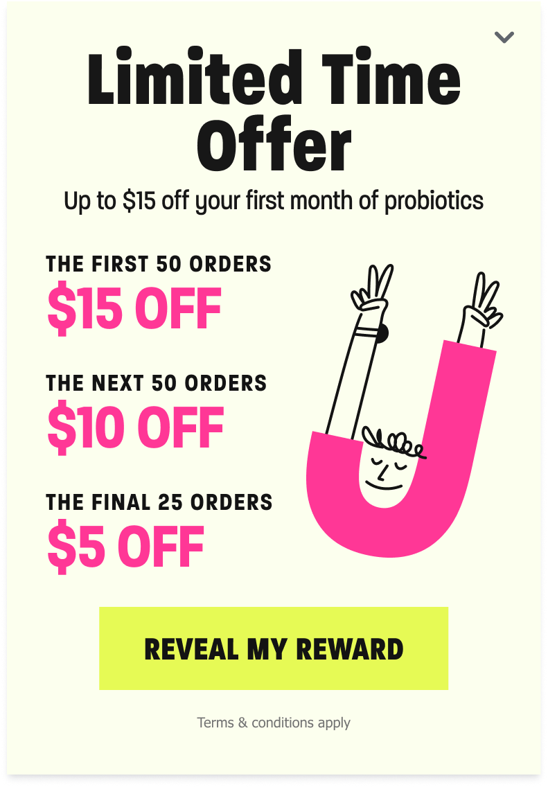 Jetson probiotics popup with tiered $15/$10/$5 off first-month rewards for early orders, powered by a Quikly urgency campaign. campaign