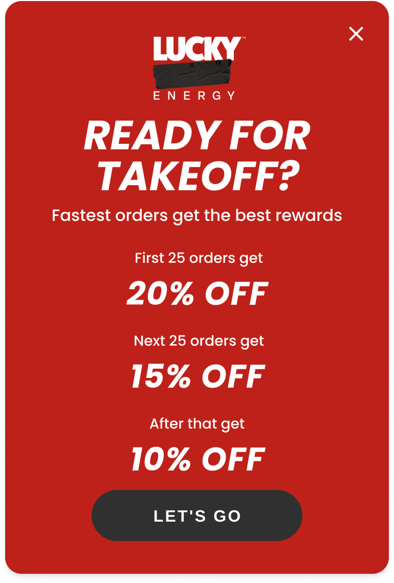 Lucky Energy "Ready for Takeoff" popup with tiered 20/15/10% off rewards for the fastest orders, powered by a Quikly campaign. campaign
