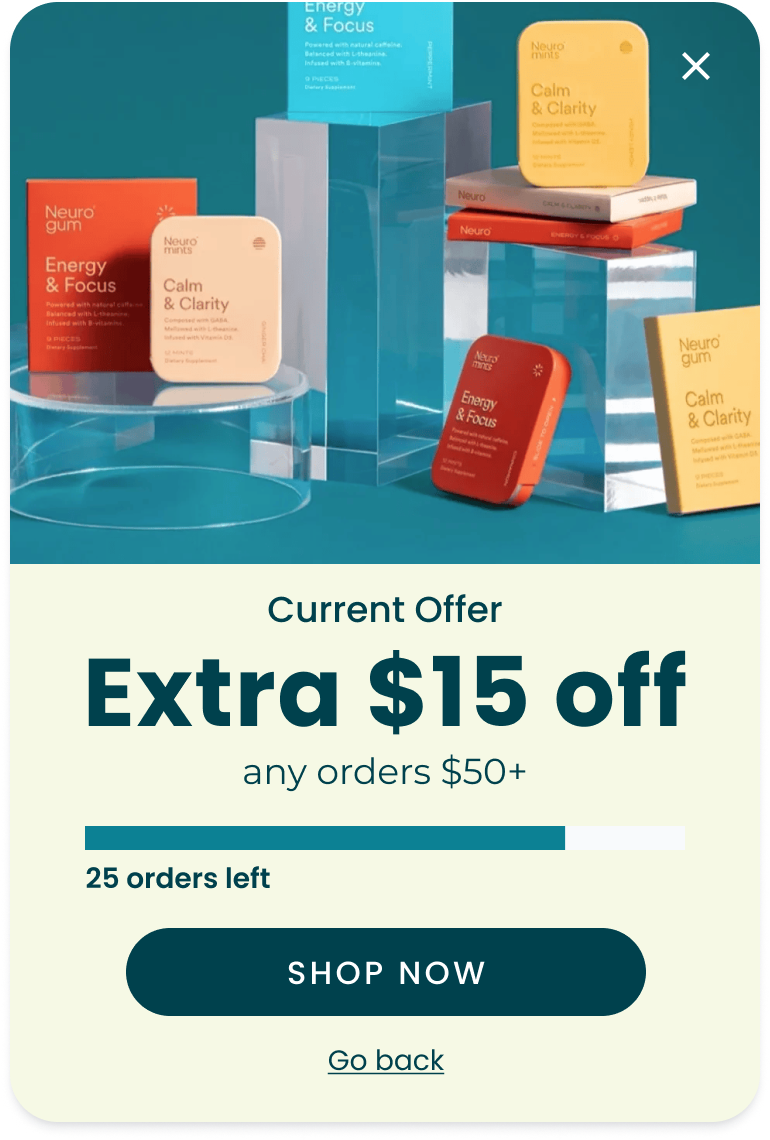 Neuro Gum popup offering an extra $15 off orders over $50 with a live claim counter, powered by a Quikly urgency campaign. campaign