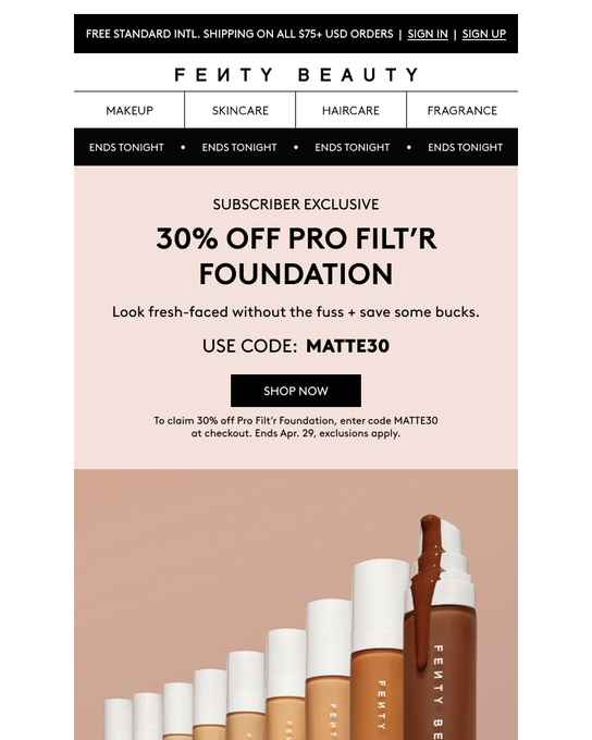 Fenty Beauty promo email — 30% off