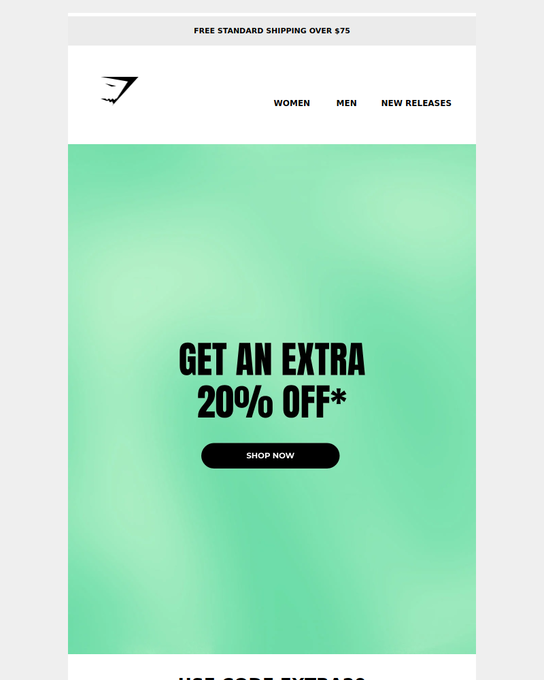 Gymshark promo email — extra 20% off sale
