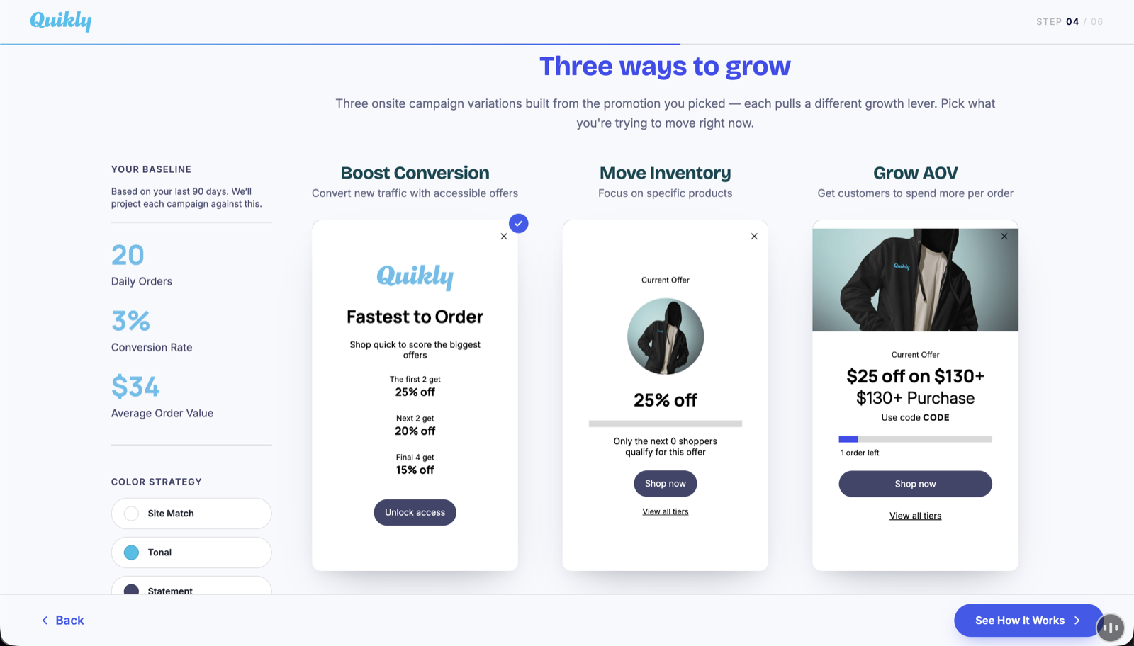 Quikly's analyzer output: three ready-to-run campaign options — Boost Conversion, Move Inventory, and Grow AOV — rendered in the store's own branding, with the first selected to launch